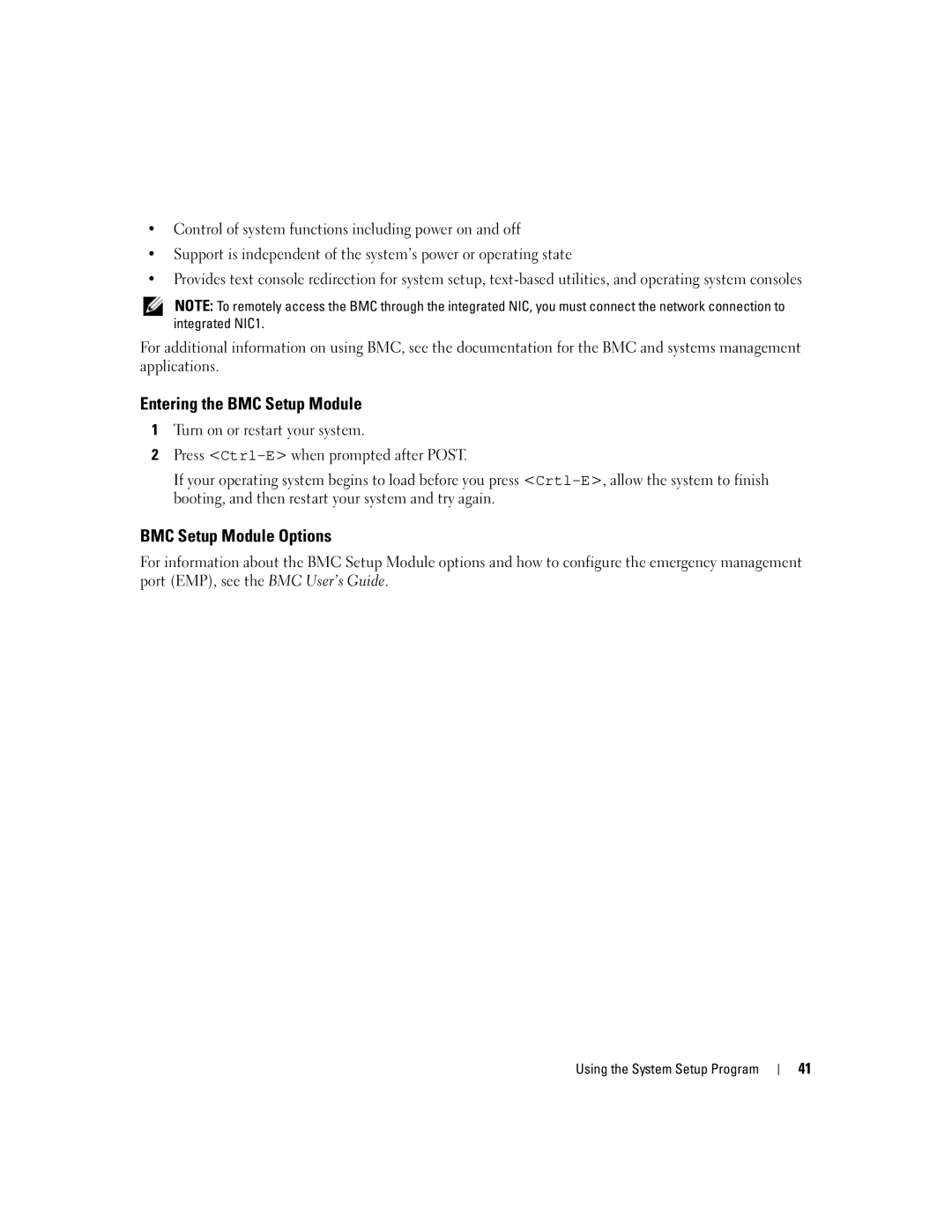 Dell 860 owner manual Entering the BMC Setup Module, BMC Setup Module Options 