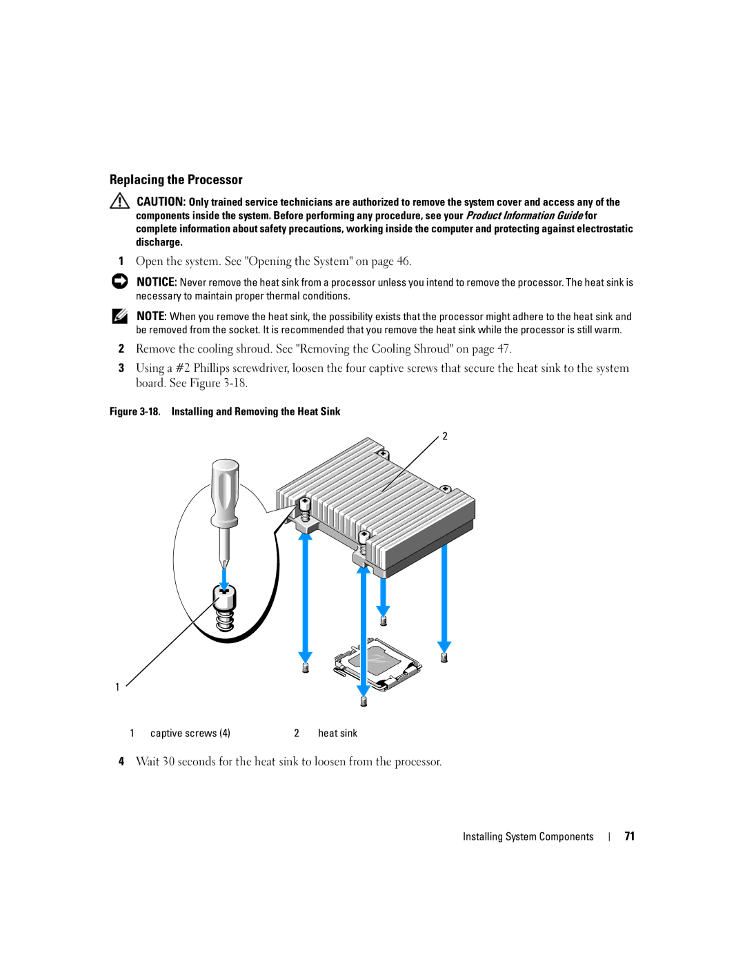 Dell 860 owner manual Replacing the Processor, Secure the heat sink to the system, Wait 30 seconds 