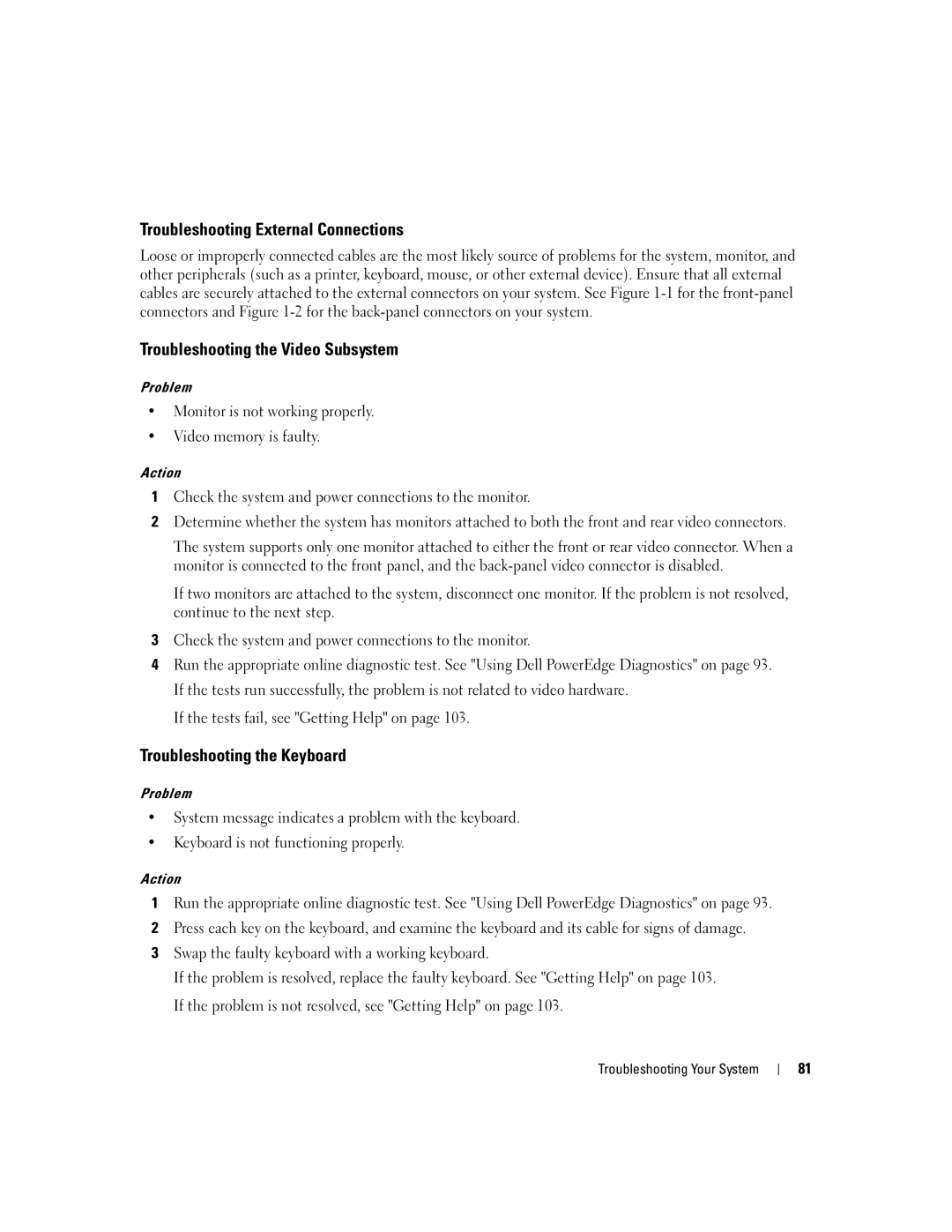 Dell 860 Troubleshooting External Connections, Troubleshooting the Video Subsystem, Troubleshooting the Keyboard, Problem 