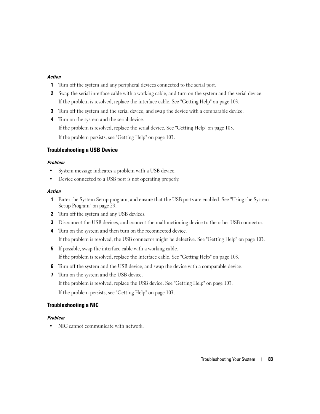 Dell 860 owner manual Troubleshooting a USB Device, Troubleshooting a NIC, NIC cannot communicate with network 