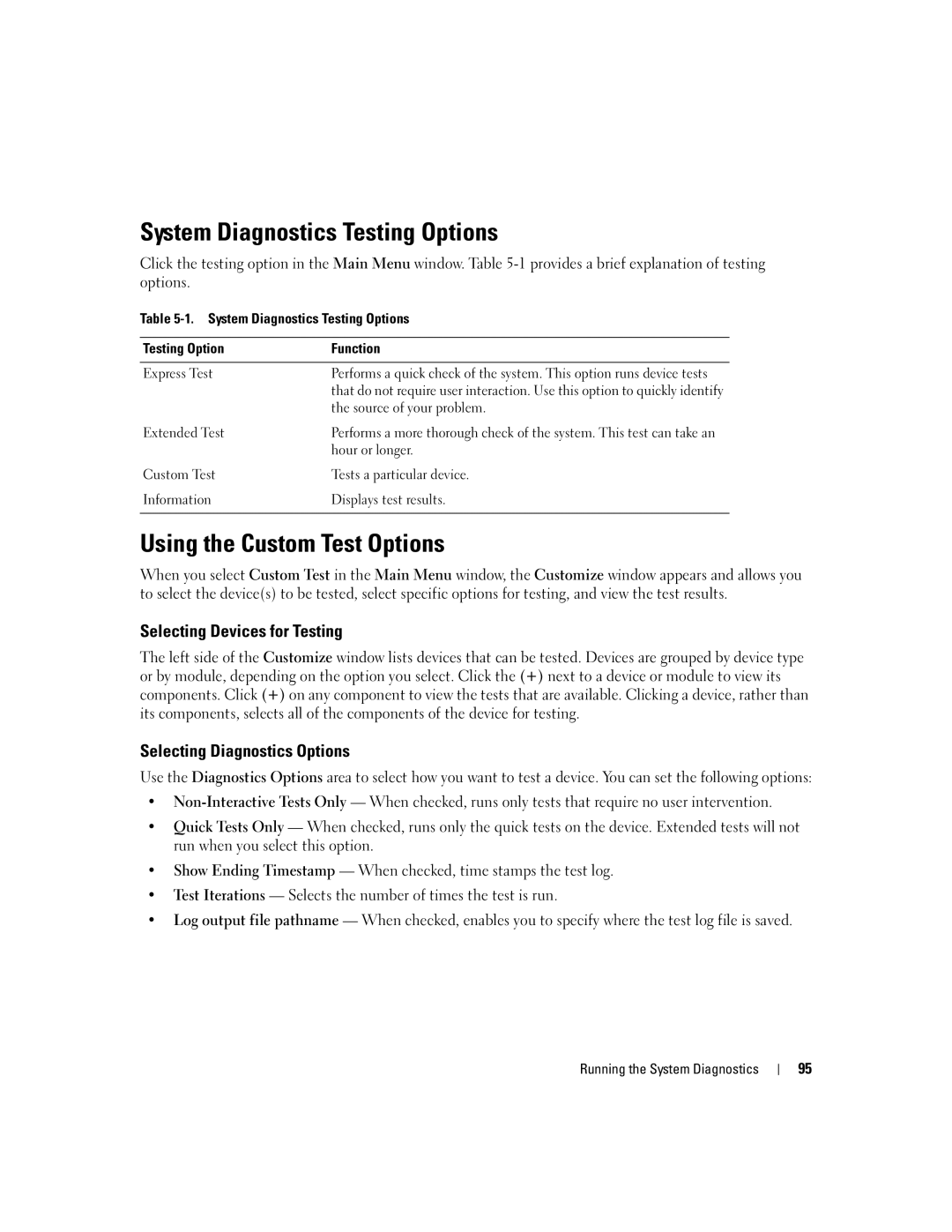 Dell 860 owner manual System Diagnostics Testing Options, Using the Custom Test Options, Selecting Devices for Testing 