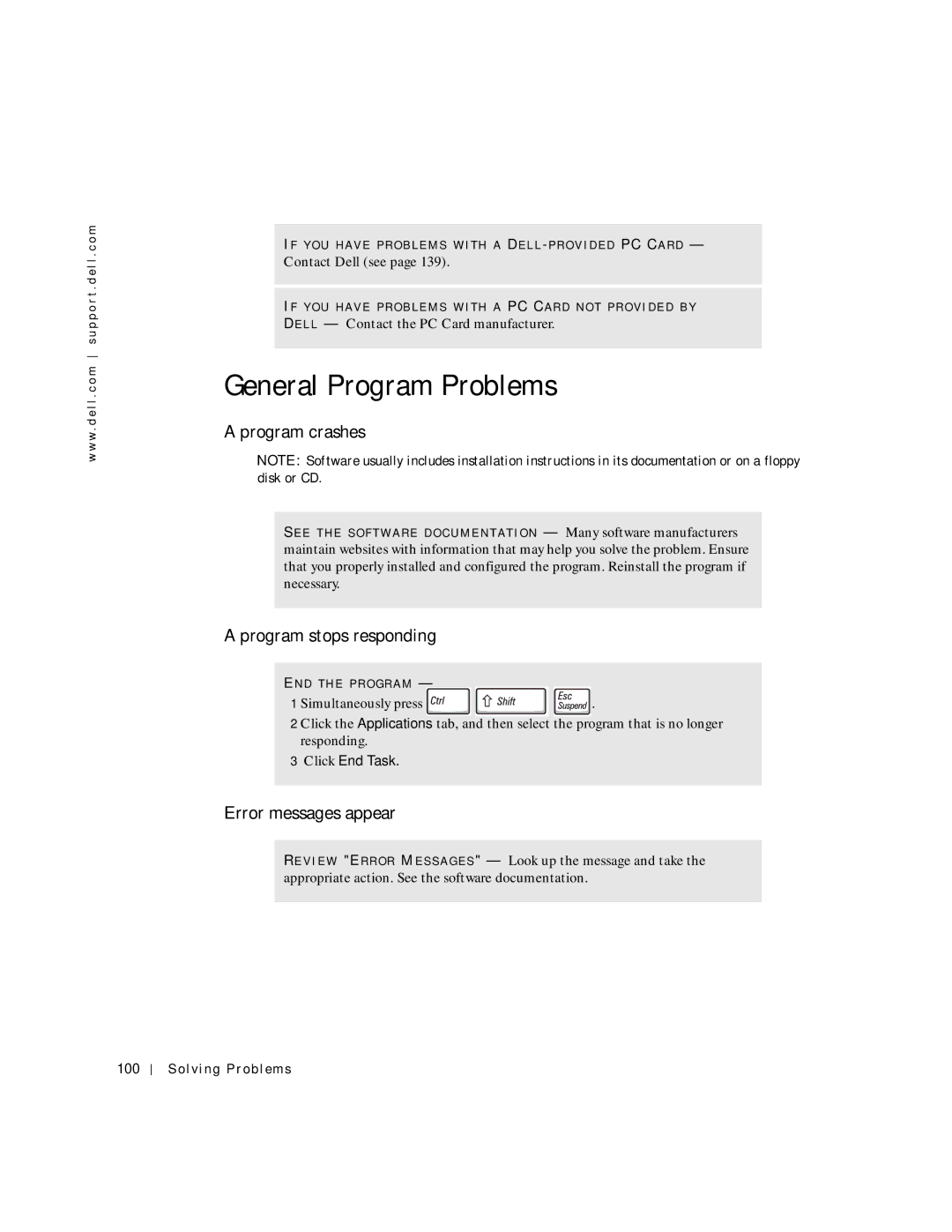 Dell 8600 manual General Program Problems, Program crashes, Program stops responding, Error messages appear, Click End Task 