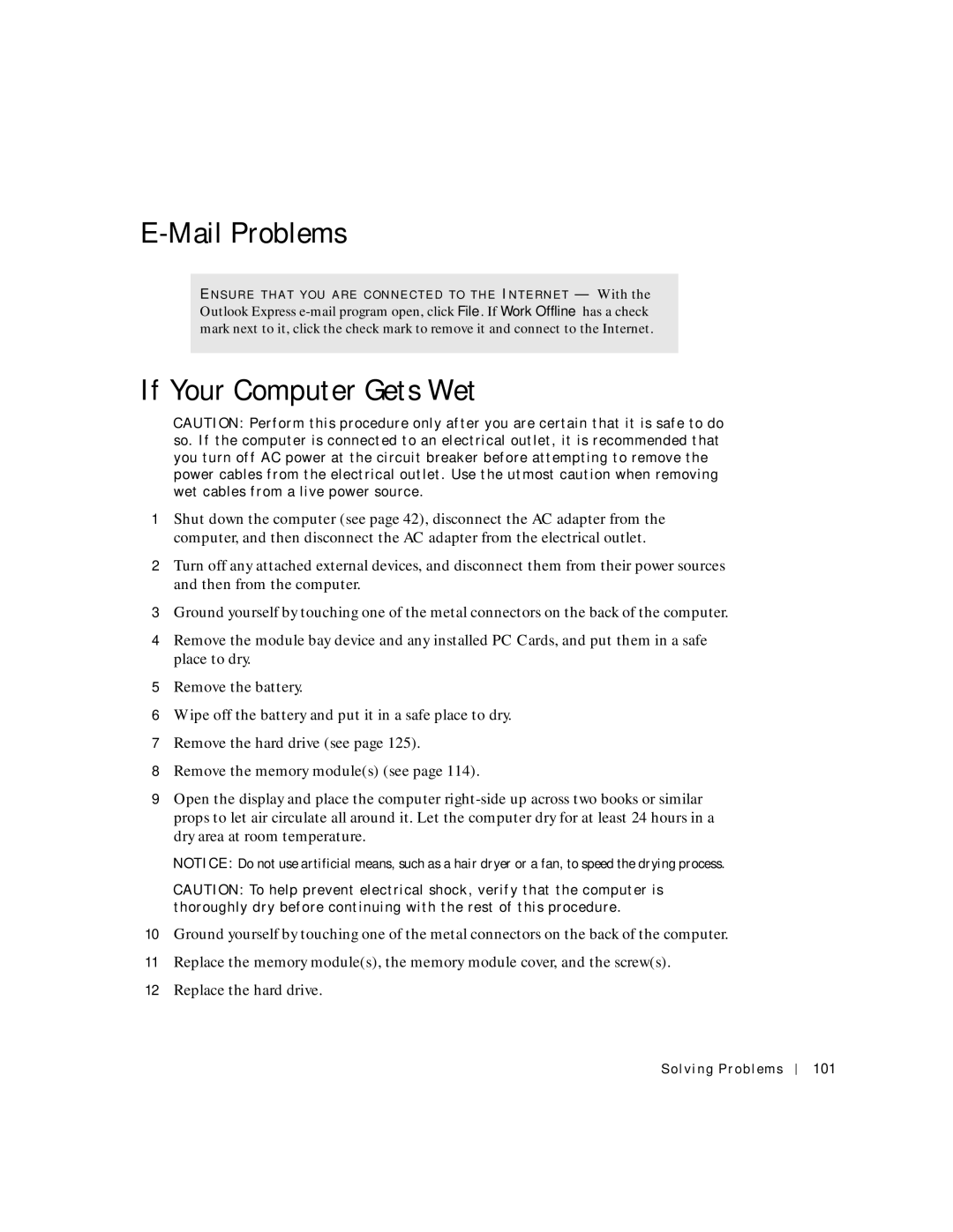 Dell 8600 manual Mail Problems, If Your Computer Gets Wet, Solving Problems 101 