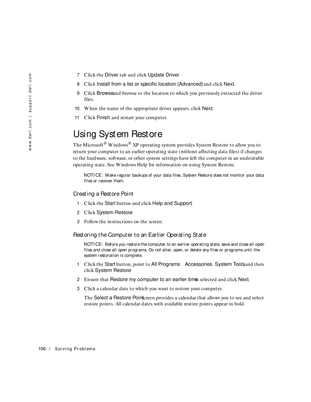 Dell 8600 manual Using System Restore, Creating a Restore Point, Restoring the Computer to an Earlier Operating State 