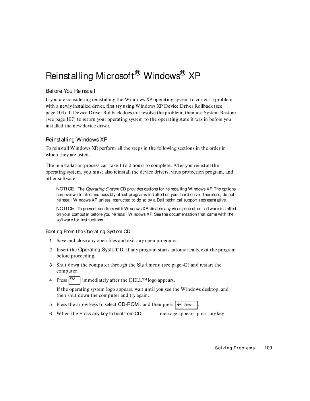 Dell 8600 manual Reinstalling Microsoft Windows XP, Before You Reinstall, Reinstalling Windows XP, Solving Problems 109 