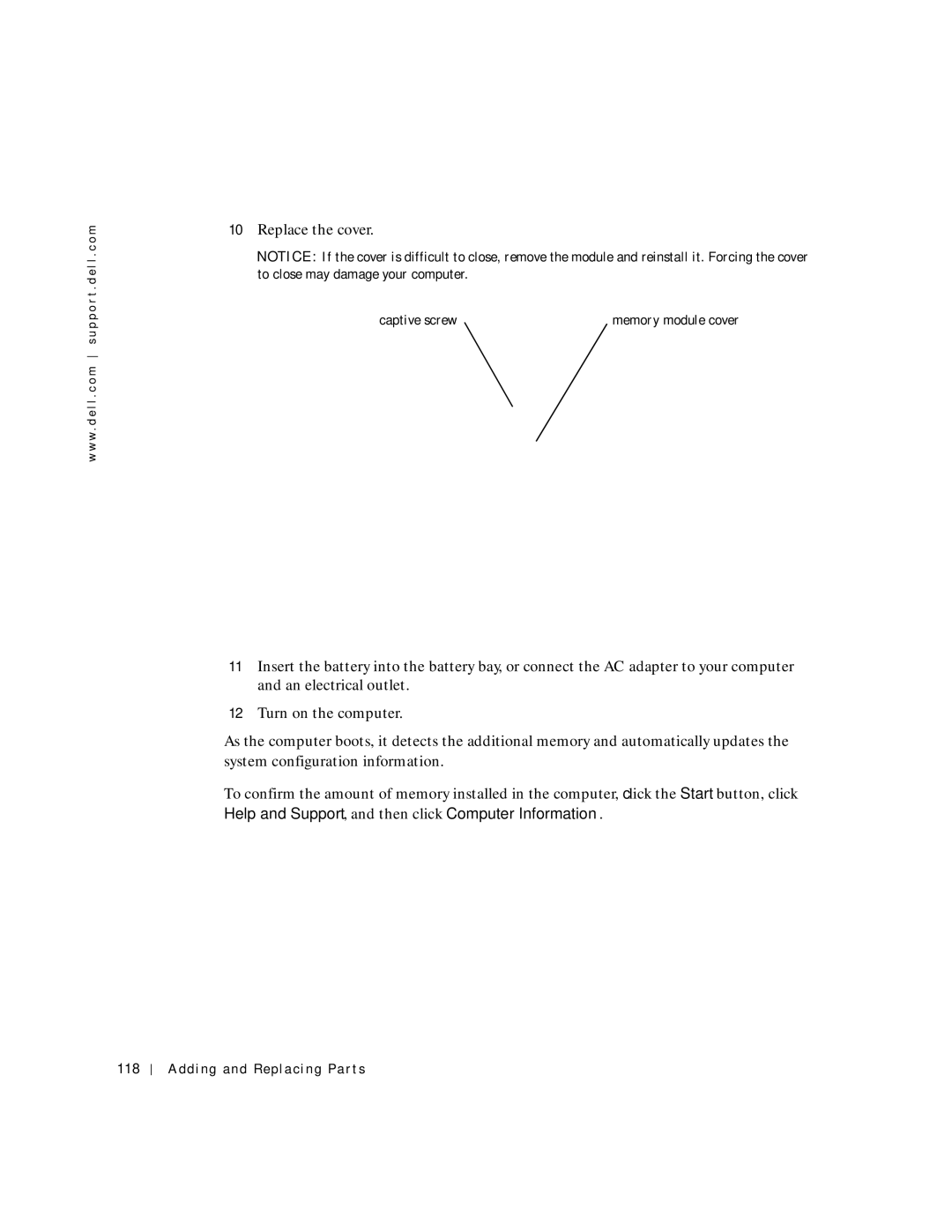 Dell 8600 manual Help and Support, and then click Computer Information, Adding and Replacing Parts 