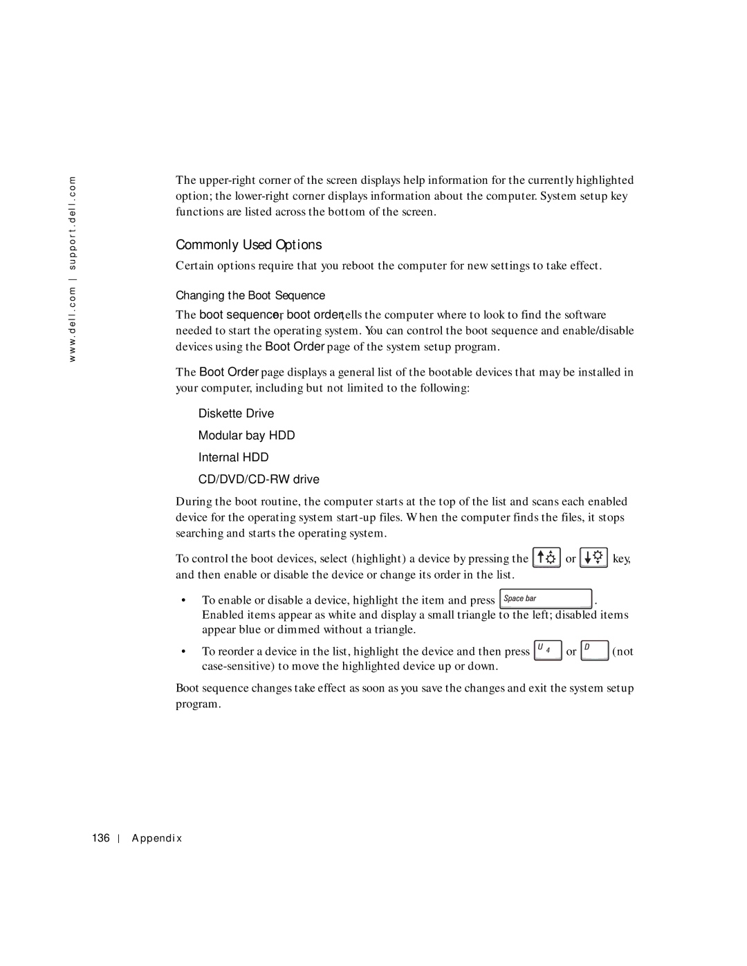 Dell 8600 manual Commonly Used Options, Changing the Boot Sequence, Appendix 