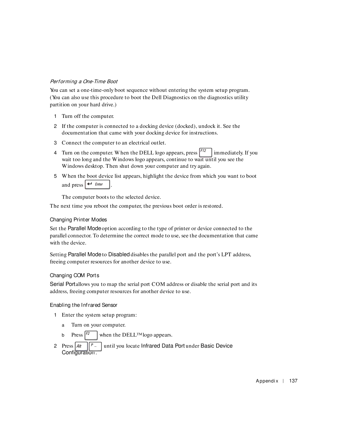 Dell 8600 manual Changing Printer Modes, Changing COM Ports, Enabling the Infrared Sensor, Configuration 