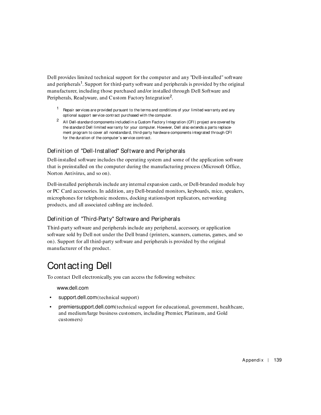 Dell 8600 manual Contacting Dell, Definition of Dell-Installed Software and Peripherals, Appendix 139 