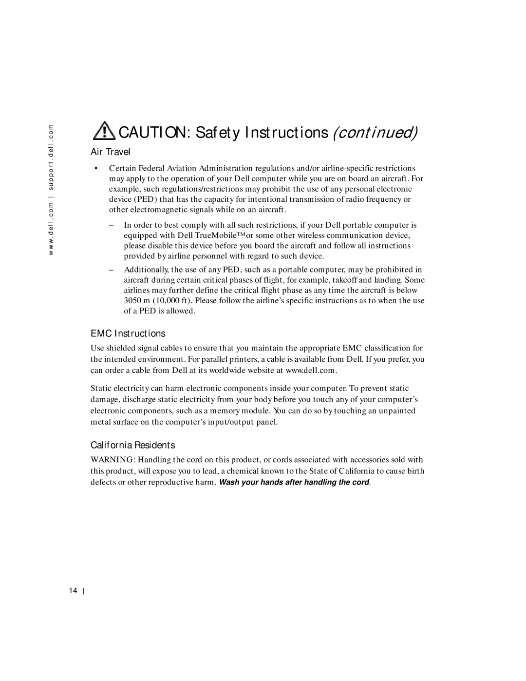 Dell 8600 manual Air Travel, EMC Instructions, California Residents 