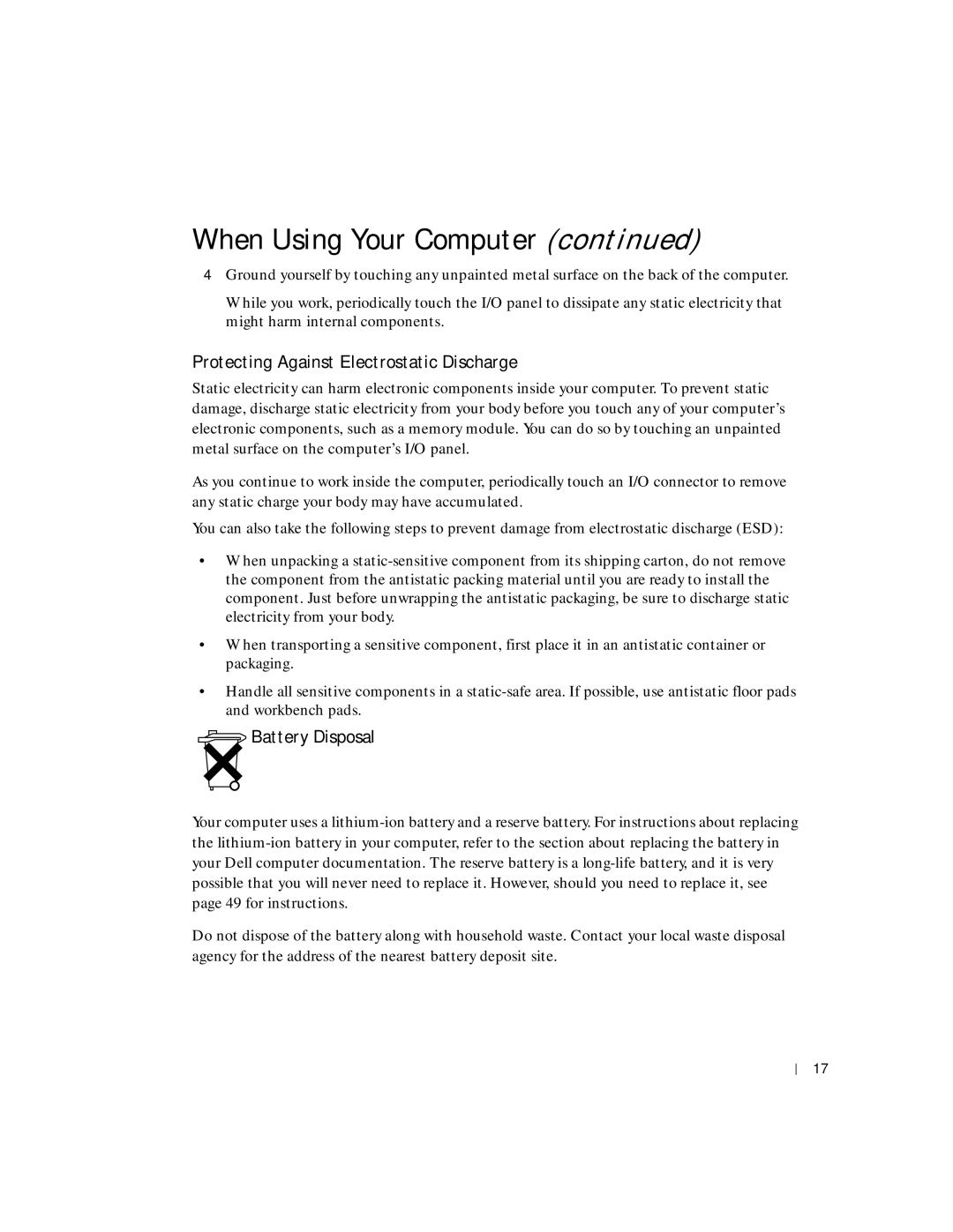 Dell 8600 manual Protecting Against Electrostatic Discharge, Battery Disposal 