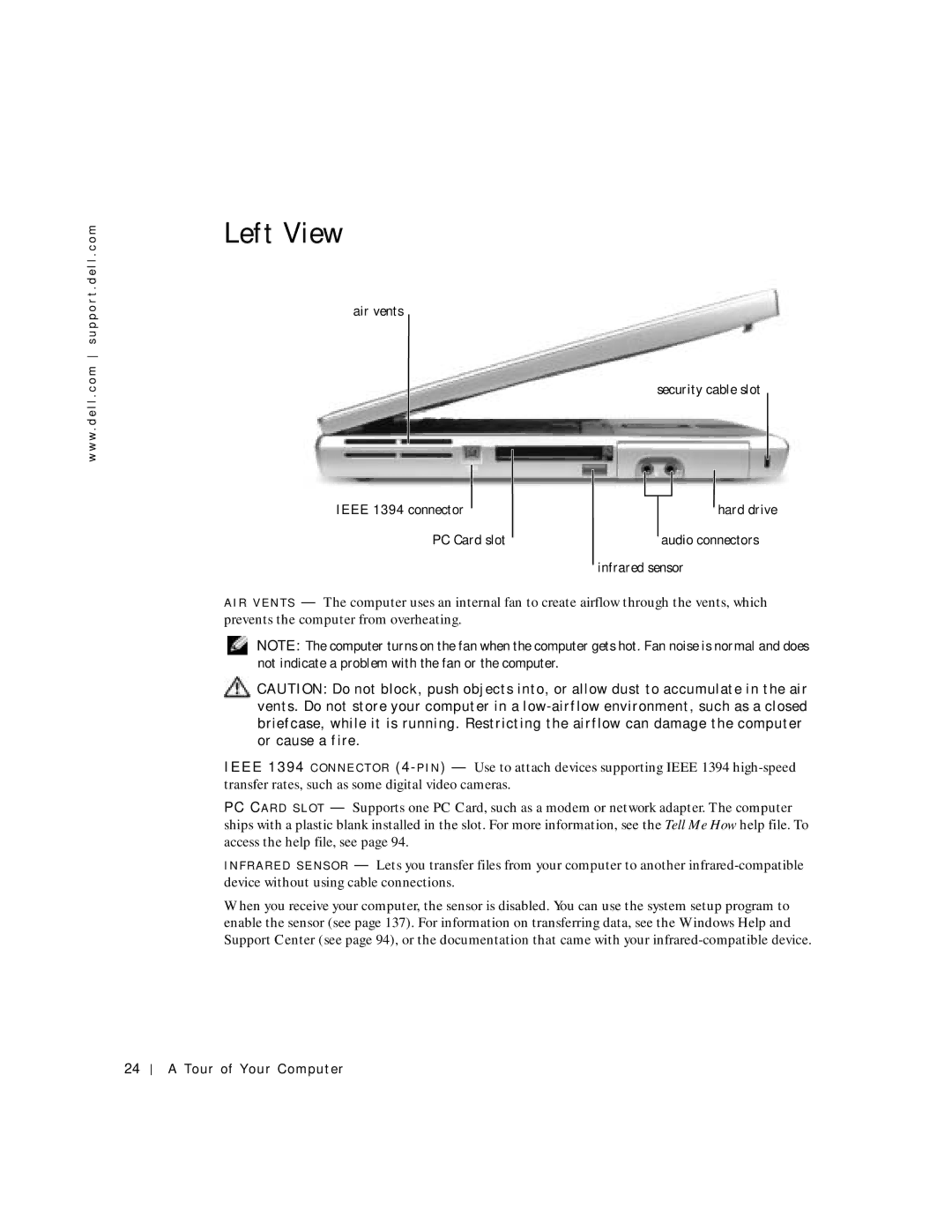 Dell 8600 manual Left View, PC Card slot Audio connectors Infrared sensor 