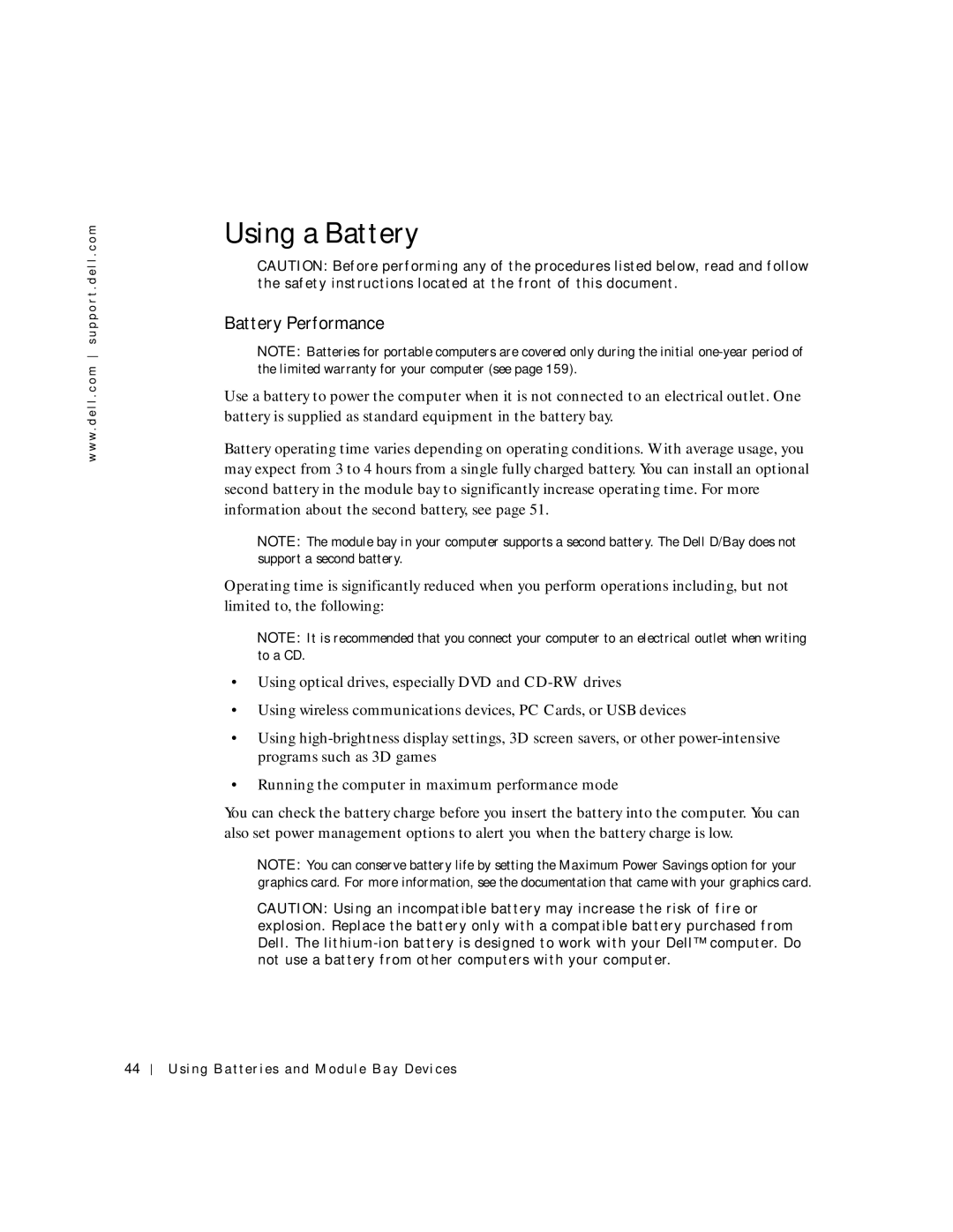 Dell 8600 manual Using a Battery, Battery Performance, Using Batteries and Module Bay Devices 