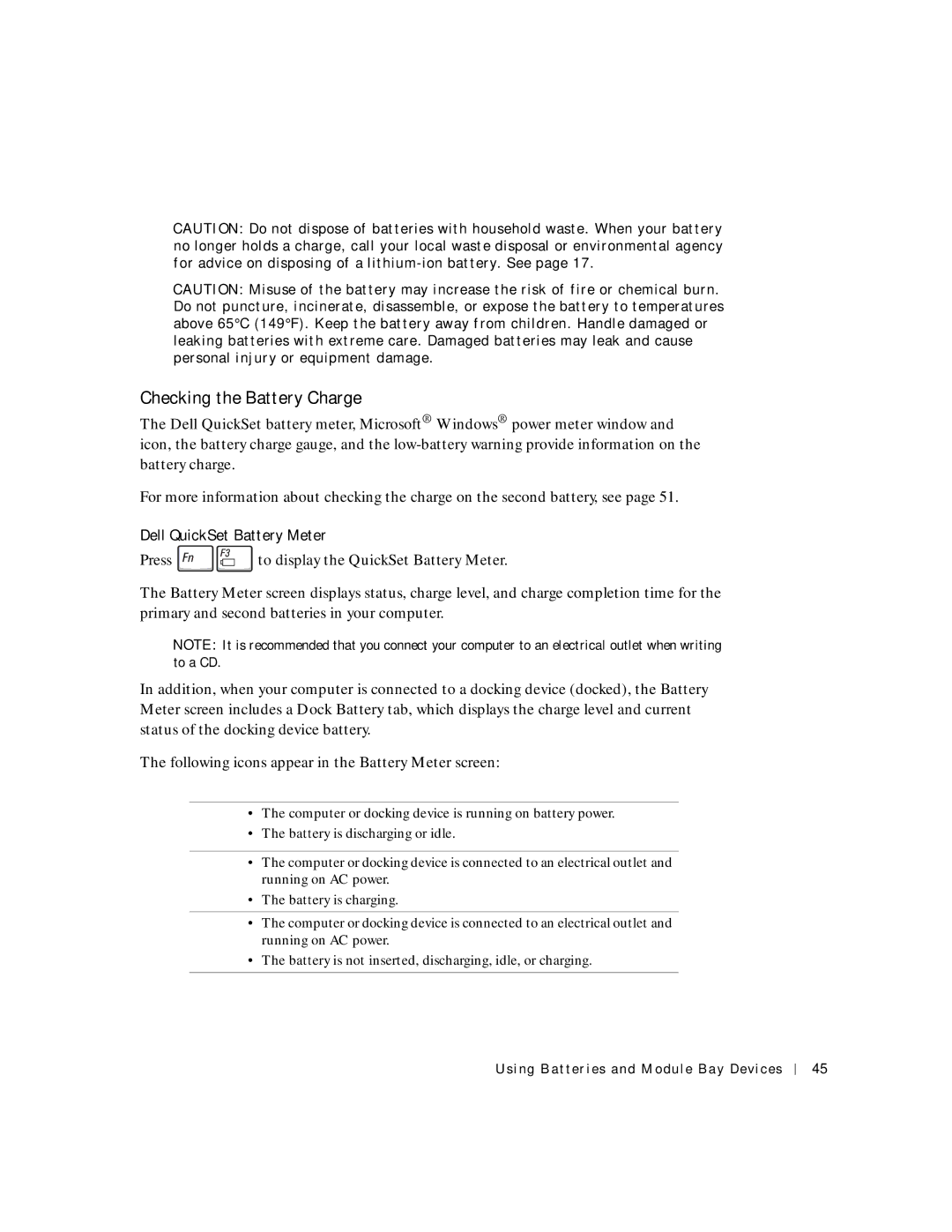 Dell 8600 manual Checking the Battery Charge, Dell QuickSet Battery Meter 