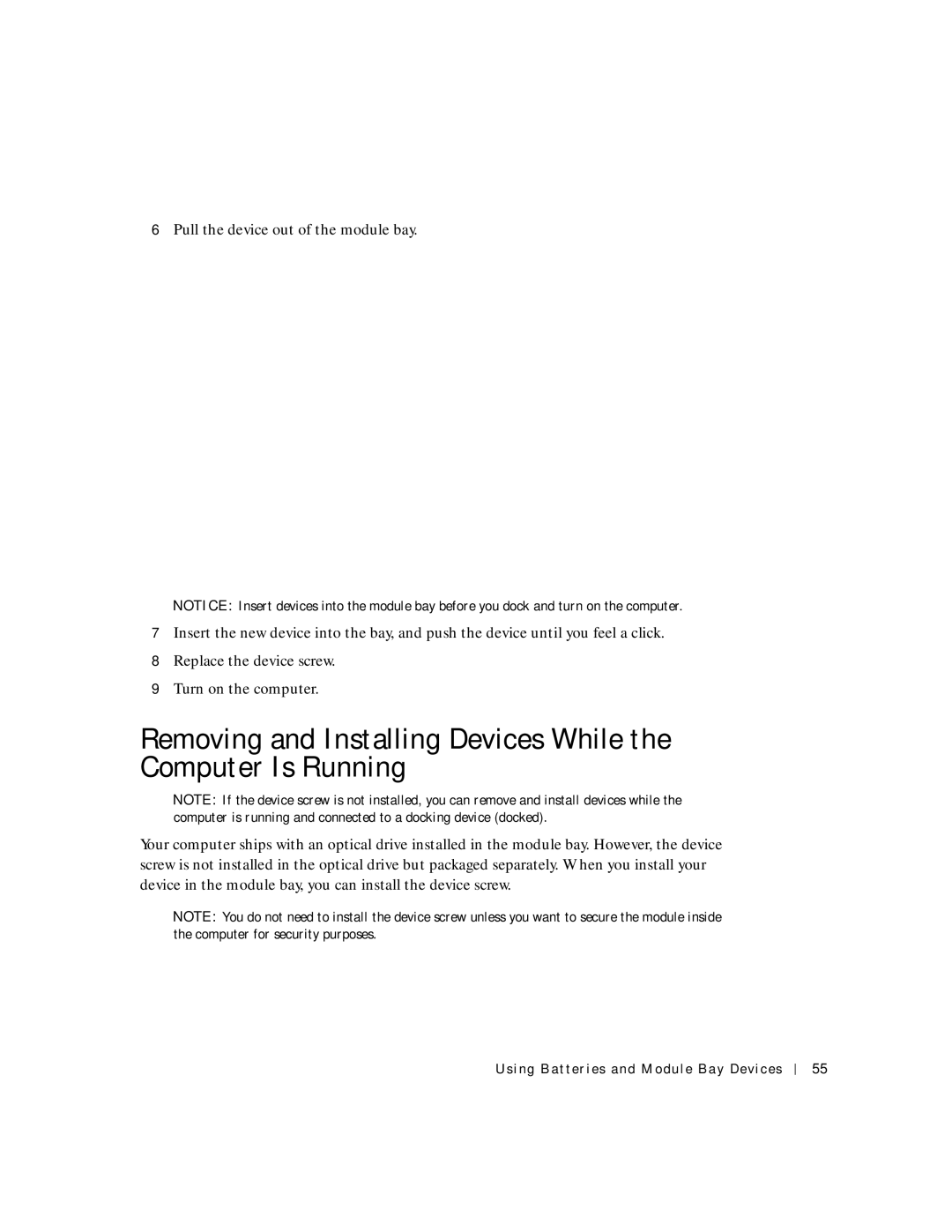 Dell 8600 manual Using Batteries and Module Bay Devices 