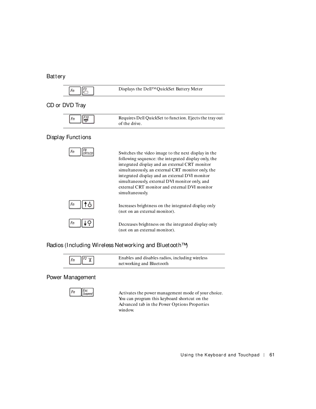Dell 8600 manual CD or DVD Tray, Display Functions, Radios Including Wireless Networking and Bluetooth, Power Management 