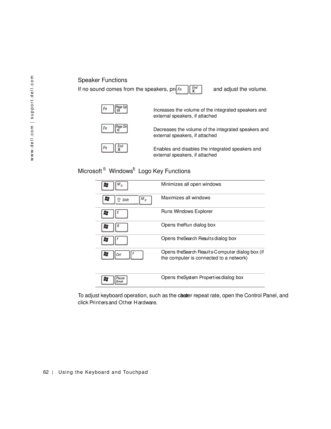 Dell 8600 manual Speaker Functions, Microsoft Windows Logo Key Functions 