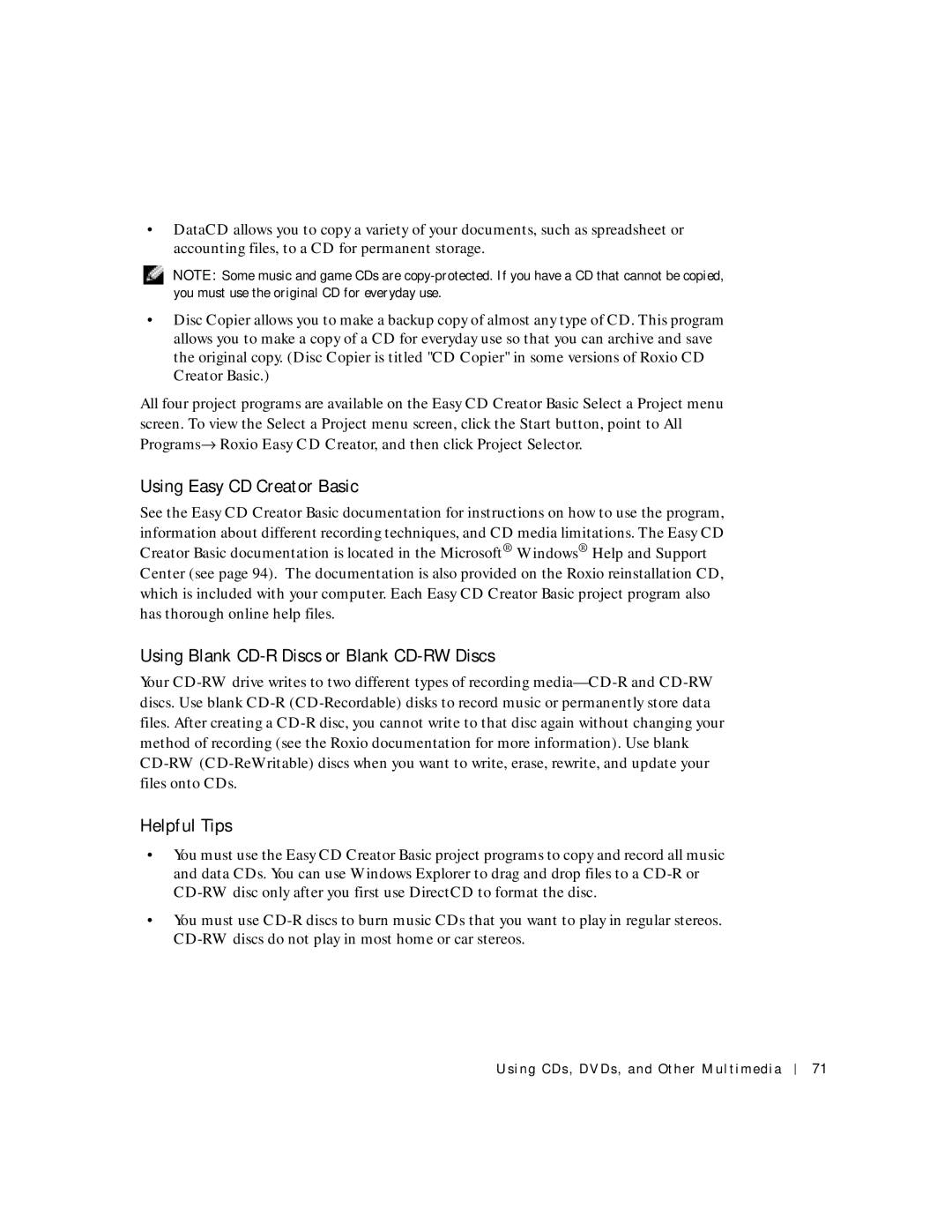 Dell 8600 manual Using Easy CD Creator Basic, Using Blank CD-R Discs or Blank CD-RW Discs, Helpful Tips 