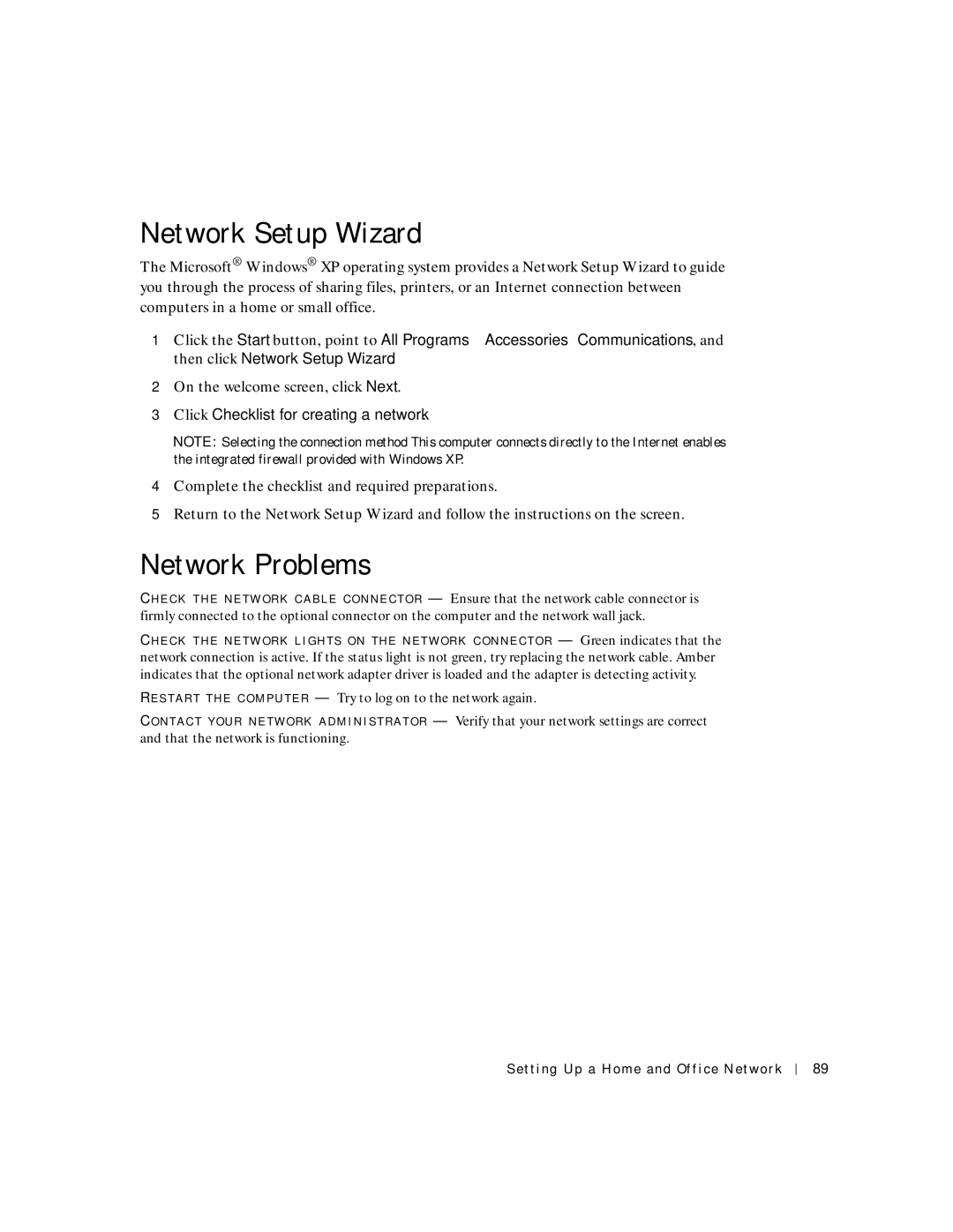 Dell 8600 manual Network Setup Wizard, Network Problems, Click Checklist for creating a network 