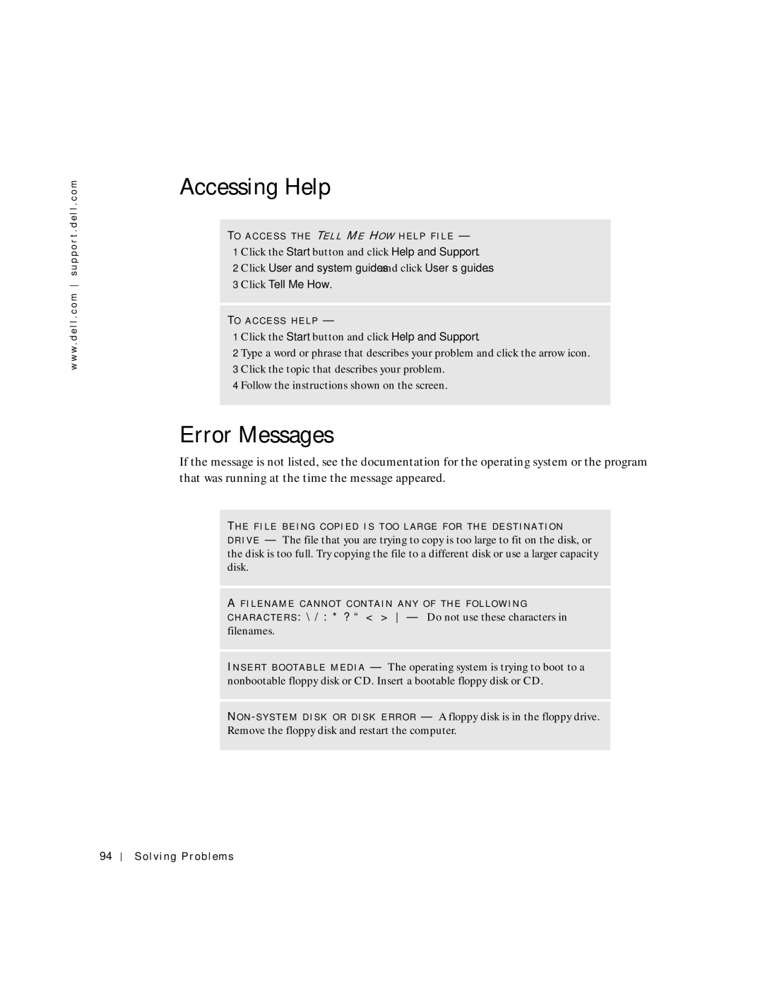 Dell 8600 manual Accessing Help, Error Messages 