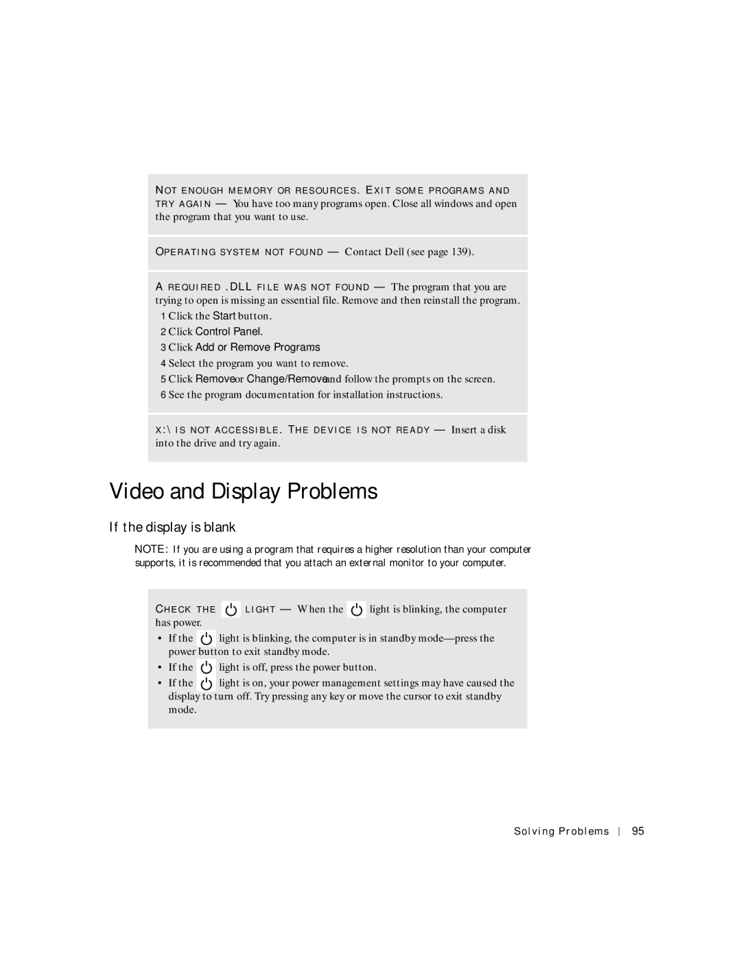 Dell 8600 manual Video and Display Problems, If the display is blank, Click Control Panel Click Add or Remove Programs 