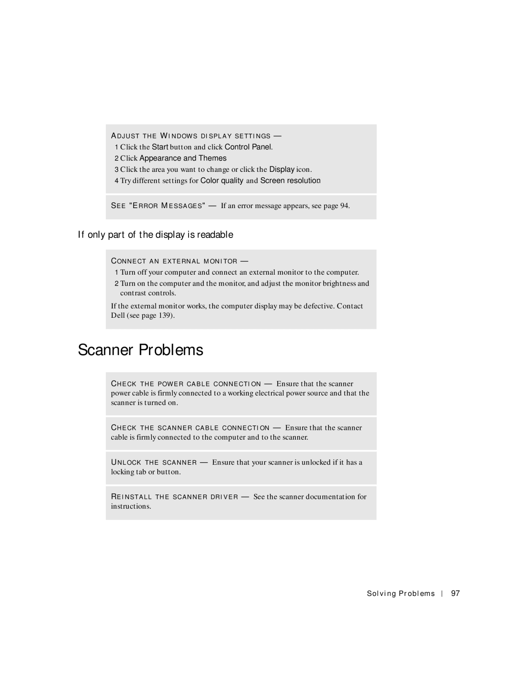 Dell 8600 manual Scanner Problems, If only part of the display is readable, Click Appearance and Themes 