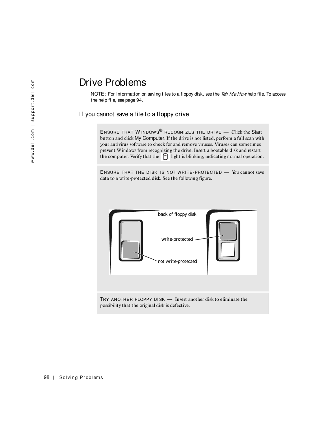 Dell 8600 manual Drive Problems, If you cannot save a file to a floppy drive 