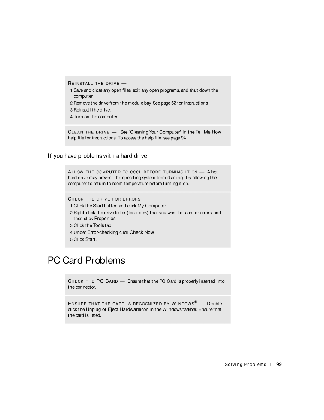 Dell 8600 PC Card Problems, If you have problems with a hard drive, Under Error-checking, click Check Now Click Start 