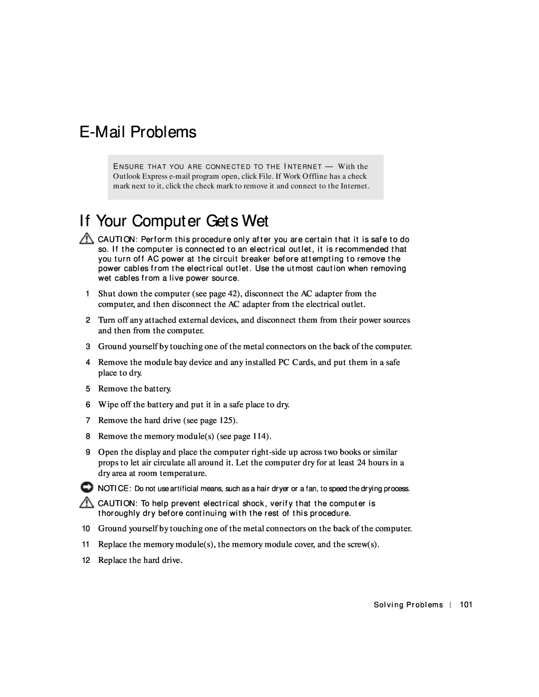 Dell 8600 manual E-Mail Problems, If Your Computer Gets Wet 