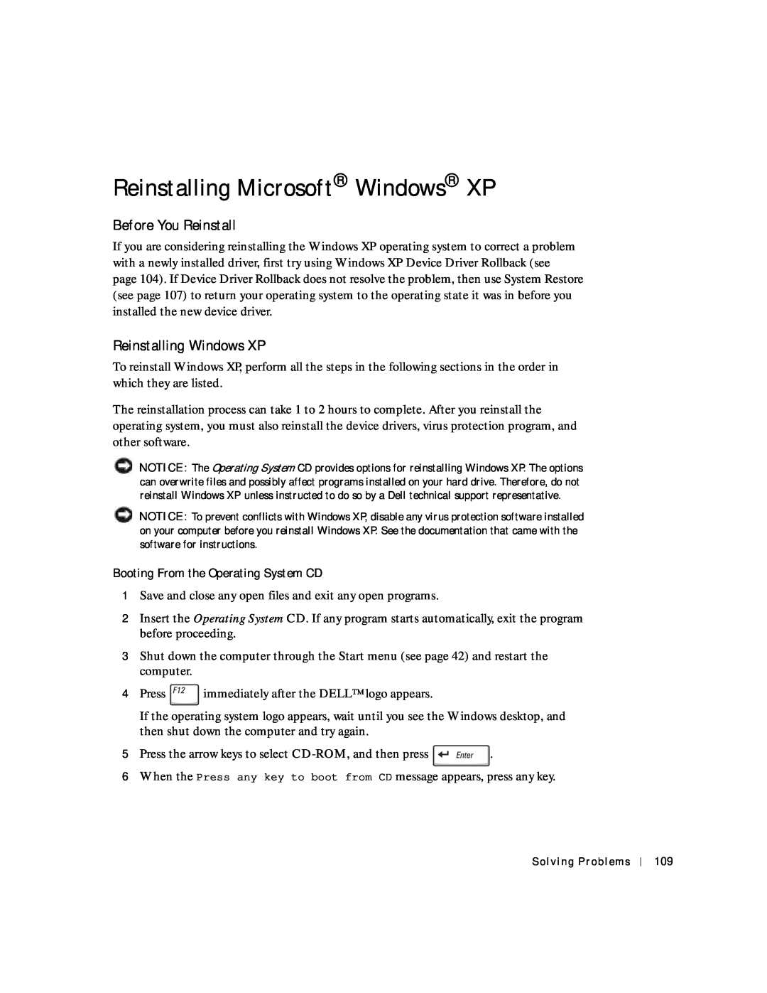 Dell 8600 manual Reinstalling Microsoft Windows XP, Before You Reinstall, Reinstalling Windows XP 
