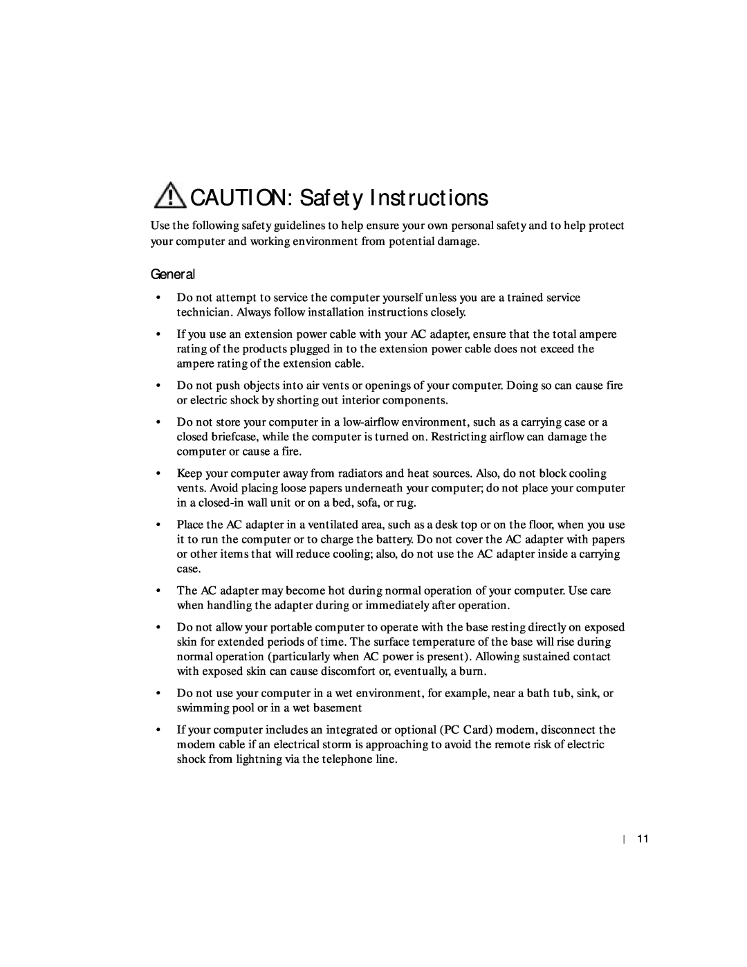 Dell 8600 manual CAUTION Safety Instructions, General 