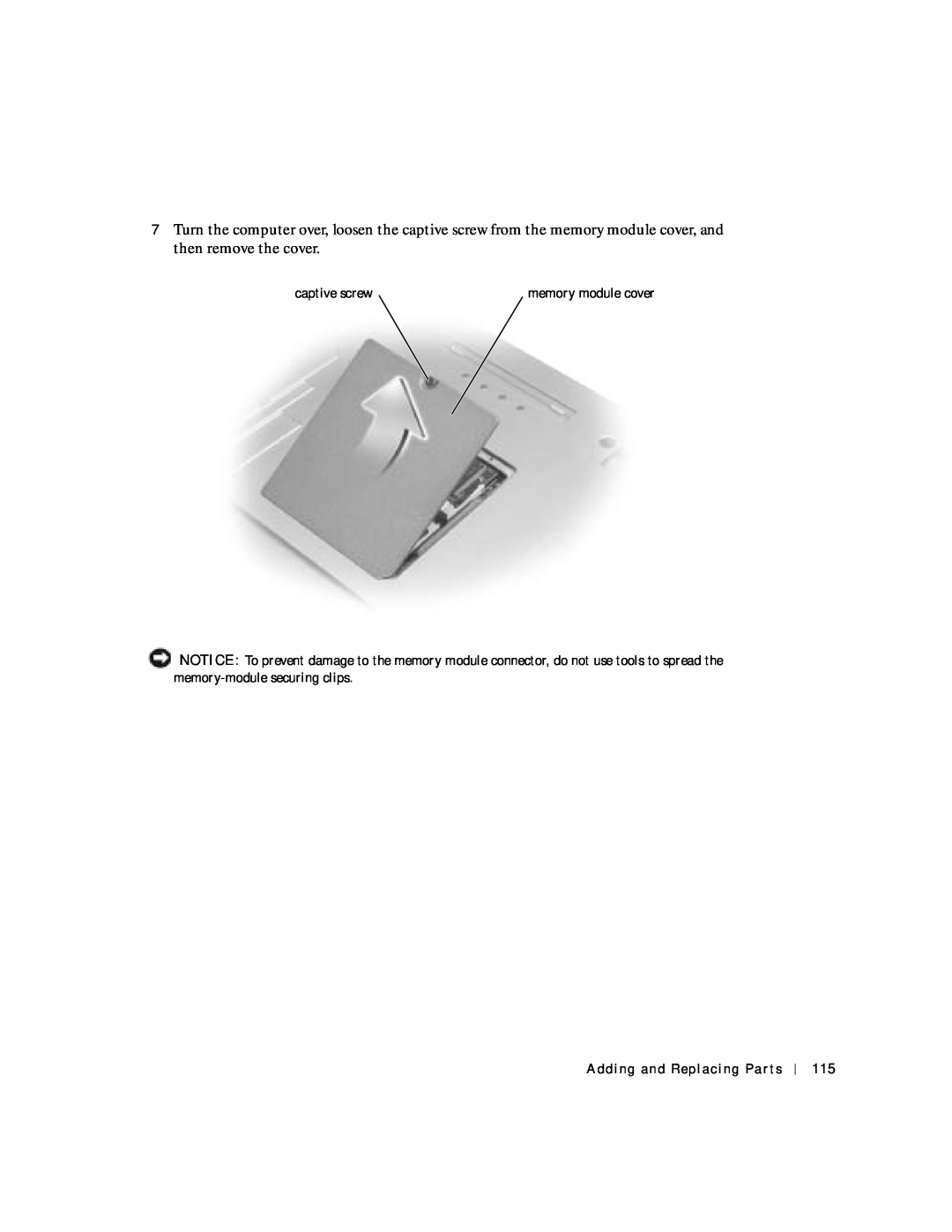 Dell 8600 manual captive screw, memory module cover 