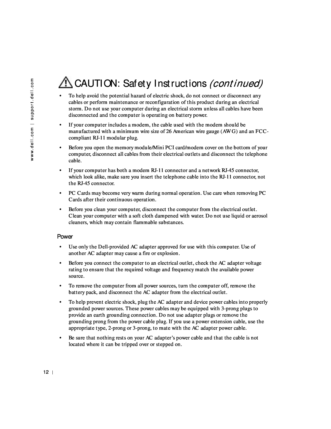 Dell 8600 manual CAUTION Safety Instructions continued, Power 