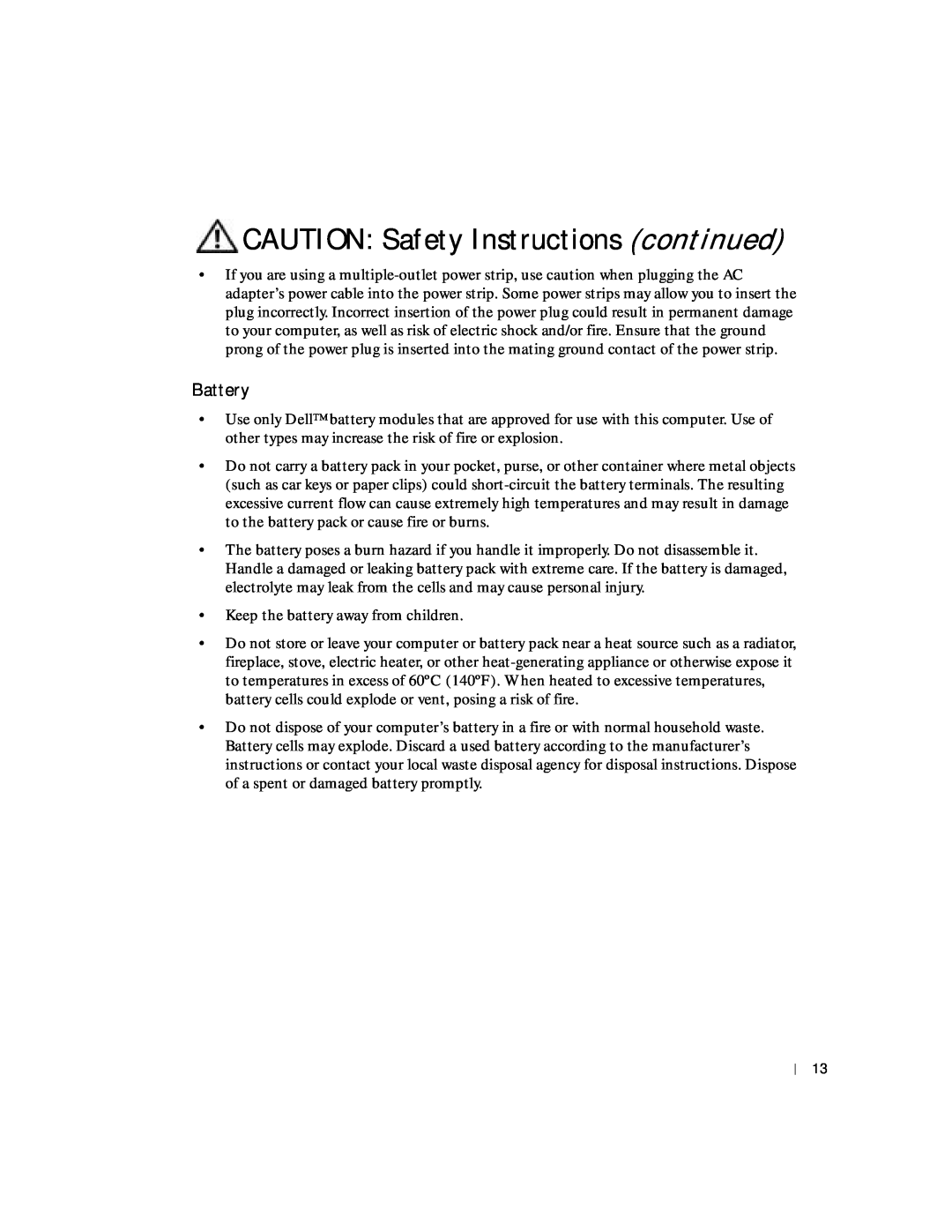 Dell 8600 manual Battery, CAUTION Safety Instructions continued 