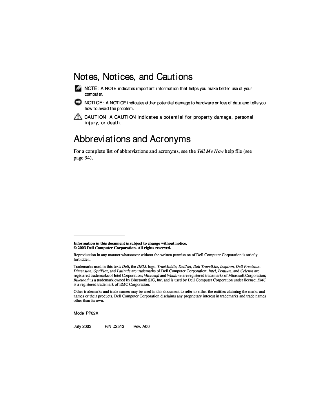 Dell 8600 manual Notes, Notices, and Cautions, Abbreviations and Acronyms, Model PP02X, July, P/N D2513 