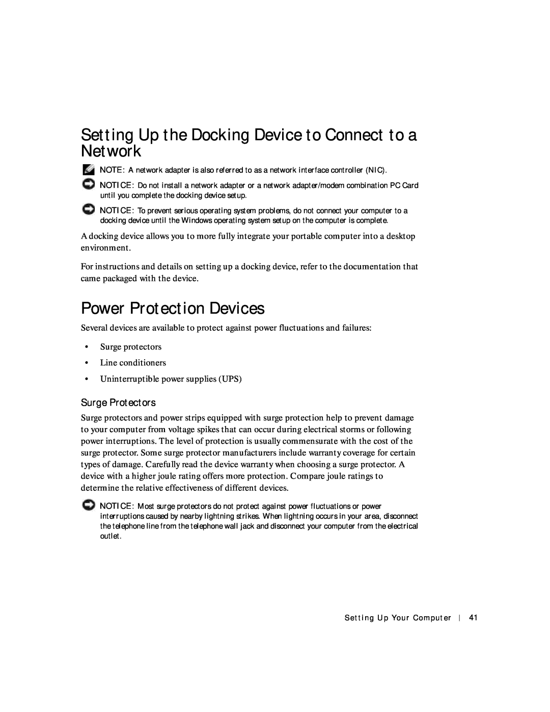 Dell 8600 manual Setting Up the Docking Device to Connect to a Network, Power Protection Devices, Surge Protectors 
