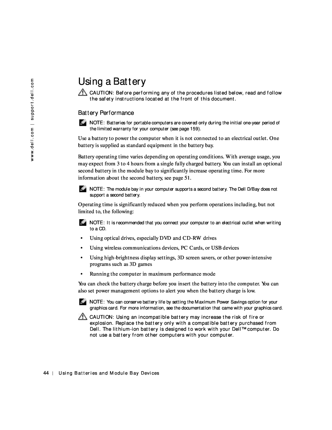 Dell 8600 manual Using a Battery, Battery Performance 