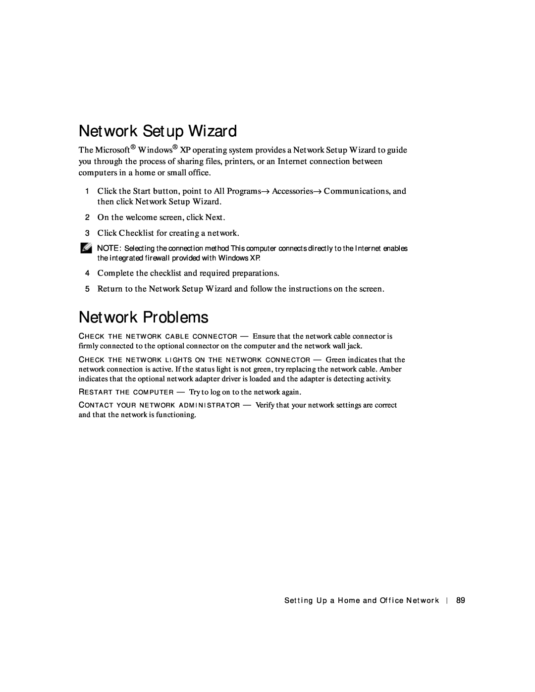 Dell 8600 manual Network Setup Wizard, Network Problems, Click Checklist for creating a network 