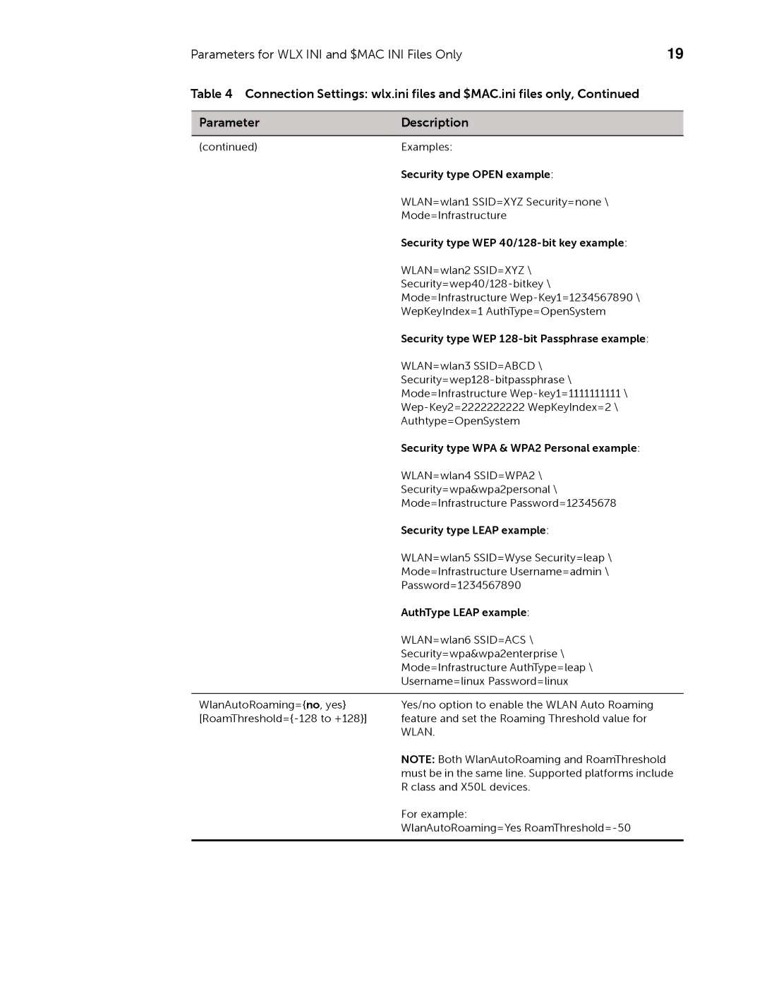 Dell 883933-11 Rev. E Security type Open example, Security type WEP 40/128-bit key example, Security type Leap example 