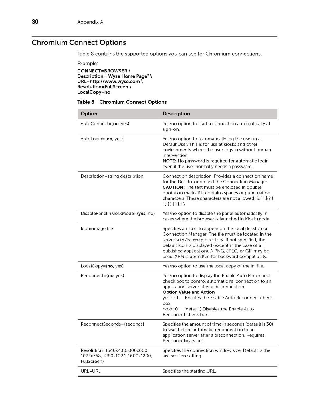 Dell 883933-11 Rev. E manual Chromium Connect Options, Option Value and Action 