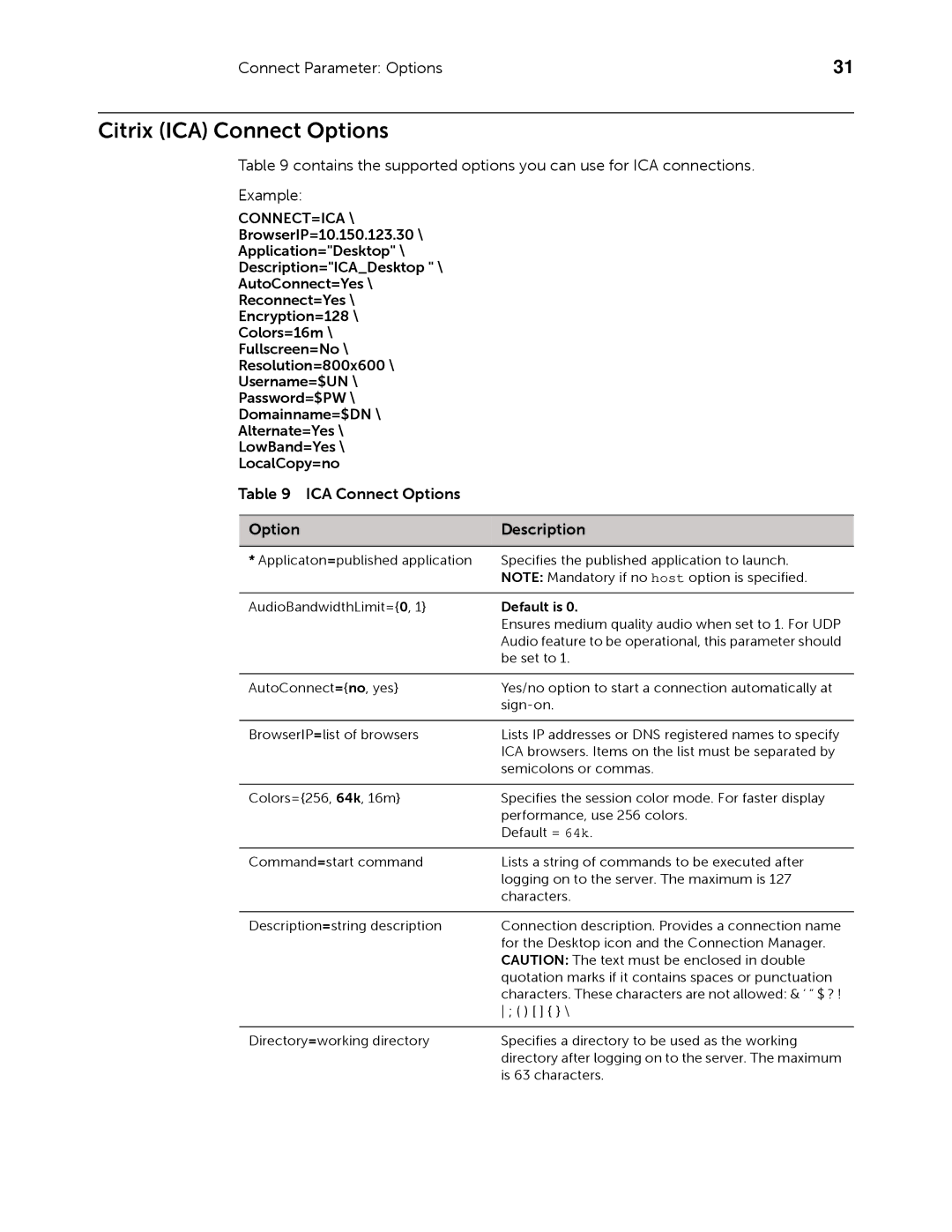 Dell 883933-11 Rev. E manual Citrix ICA Connect Options, Default is 