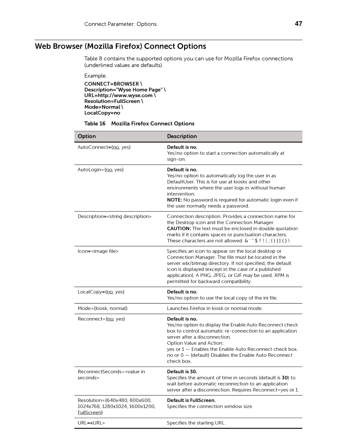 Dell 883933-11 Rev. E manual Web Browser Mozilla Firefox Connect Options, Default is FullScreen 