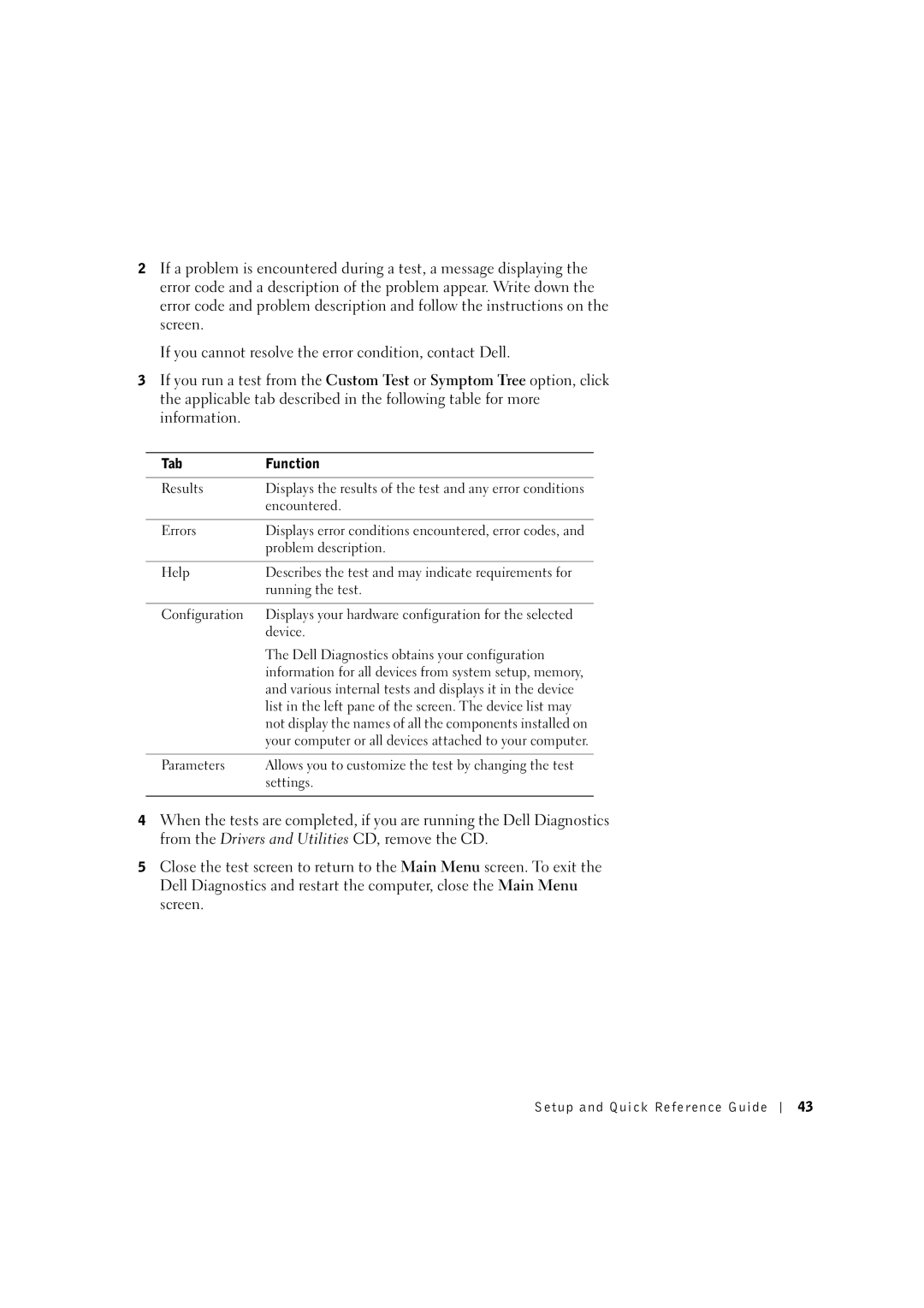 Dell 8F764 manual Tab Function Results 