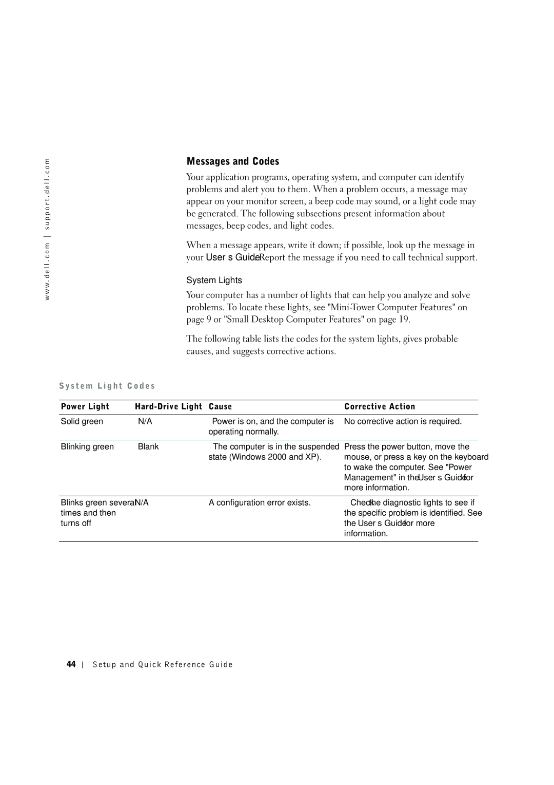 Dell 8F764 manual Messages and Codes, System Lights 