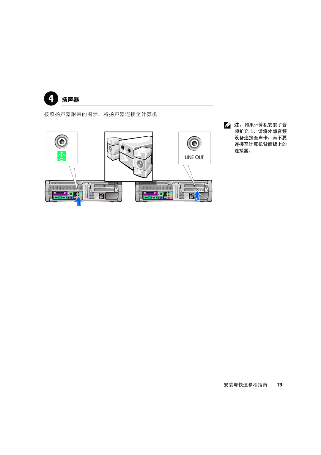 Dell 8F764 manual 按照扬声器附带的图示，将扬声器连接至计算机。 