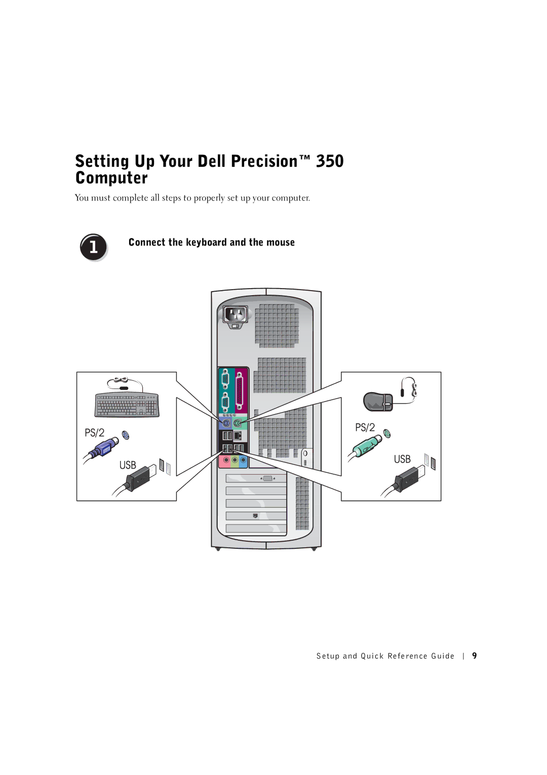 Dell 8T146 manual Setting Up Your Dell Precision 350 Computer, Connect the keyboard and the mouse 