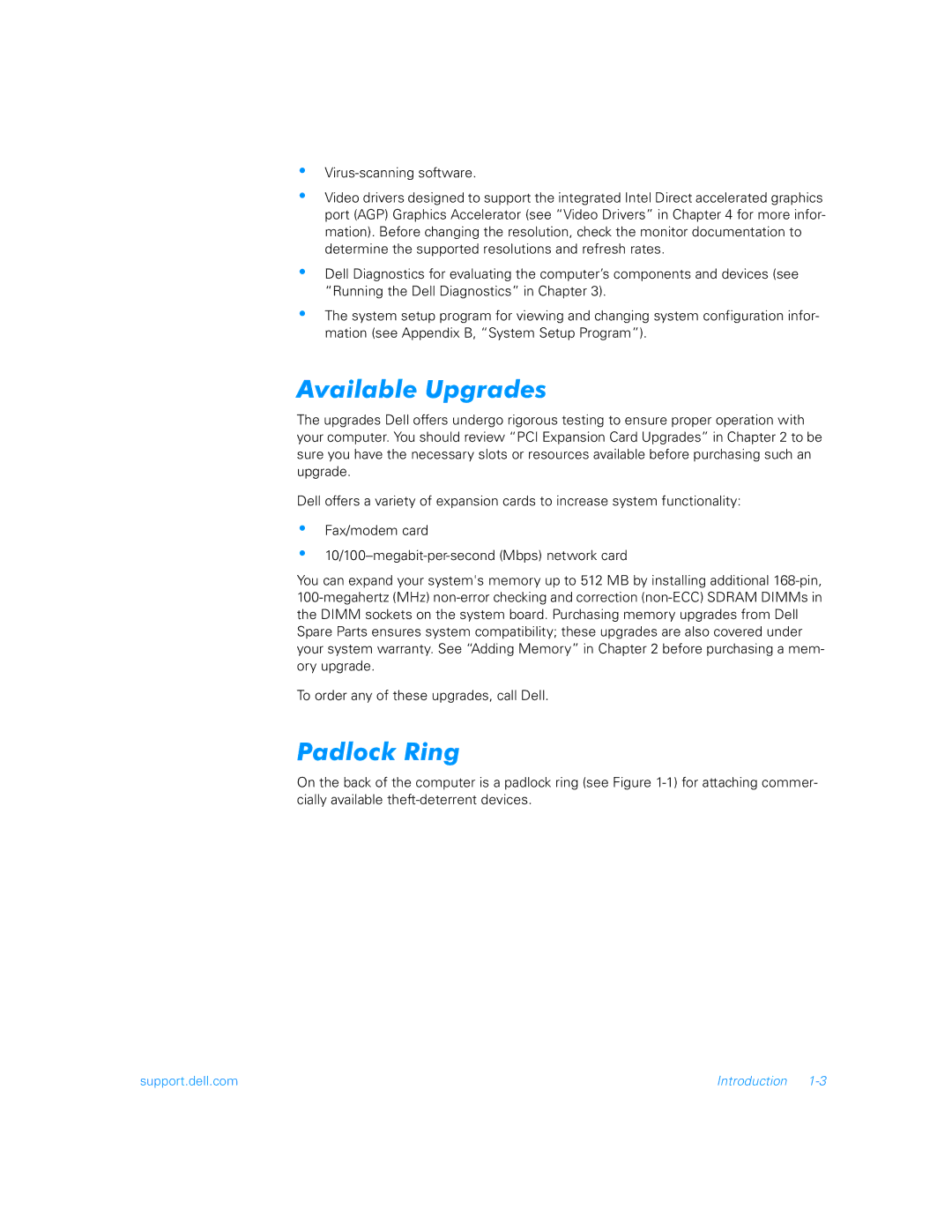 Dell 900 manual Available Upgrades, Padlock Ring 