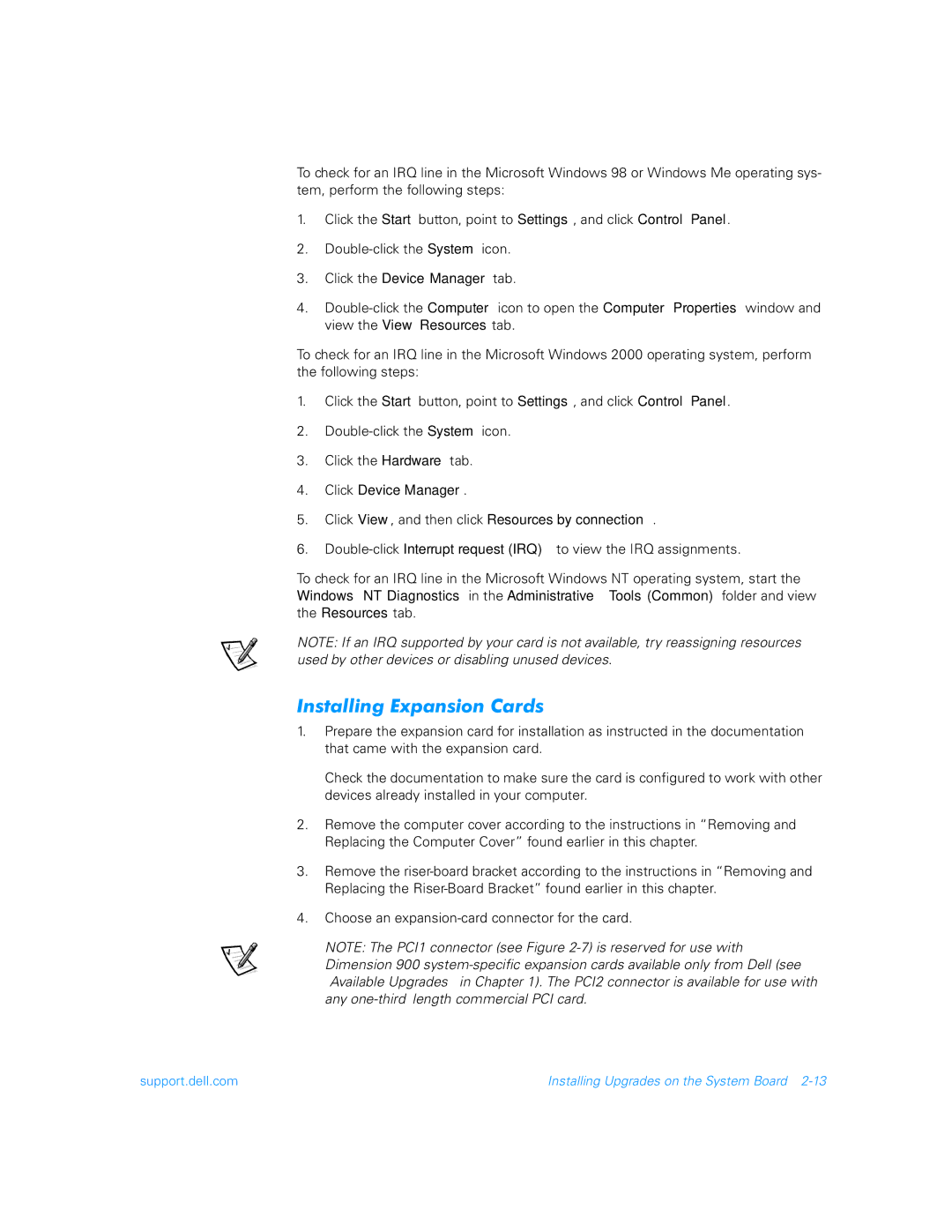 Dell 900 manual Installing Expansion Cards, Click the Device Manager tab, Resources tab 