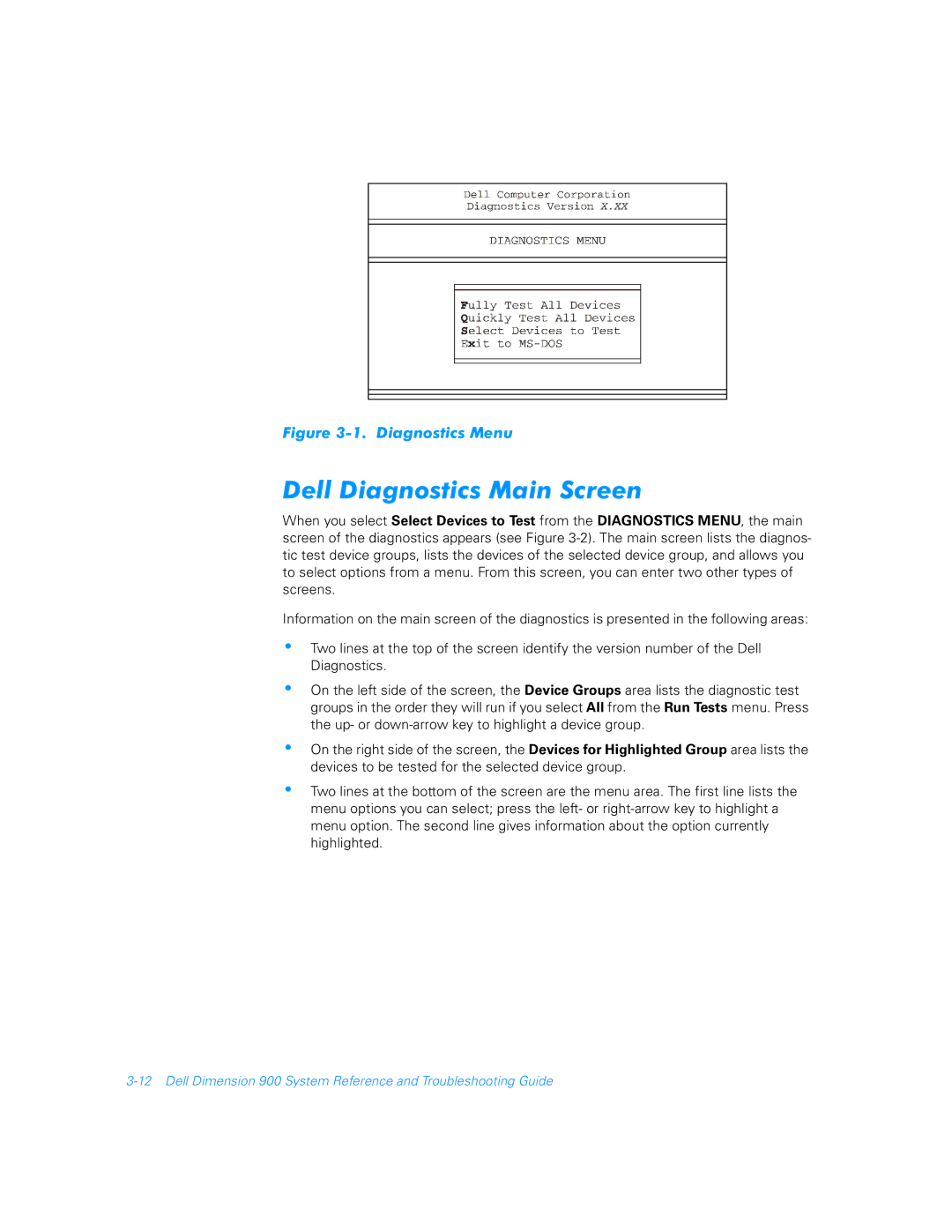 Dell 900 manual Dell Diagnostics Main Screen, Diagnostics Menu 