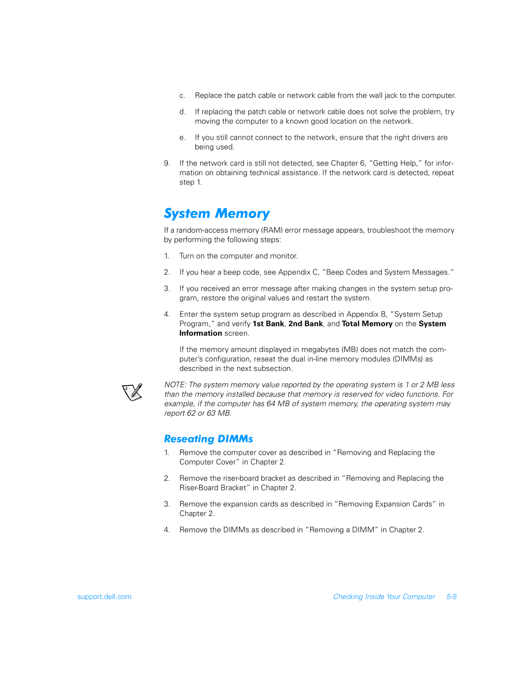 Dell 900 manual System Memory, Reseating DIMMs 